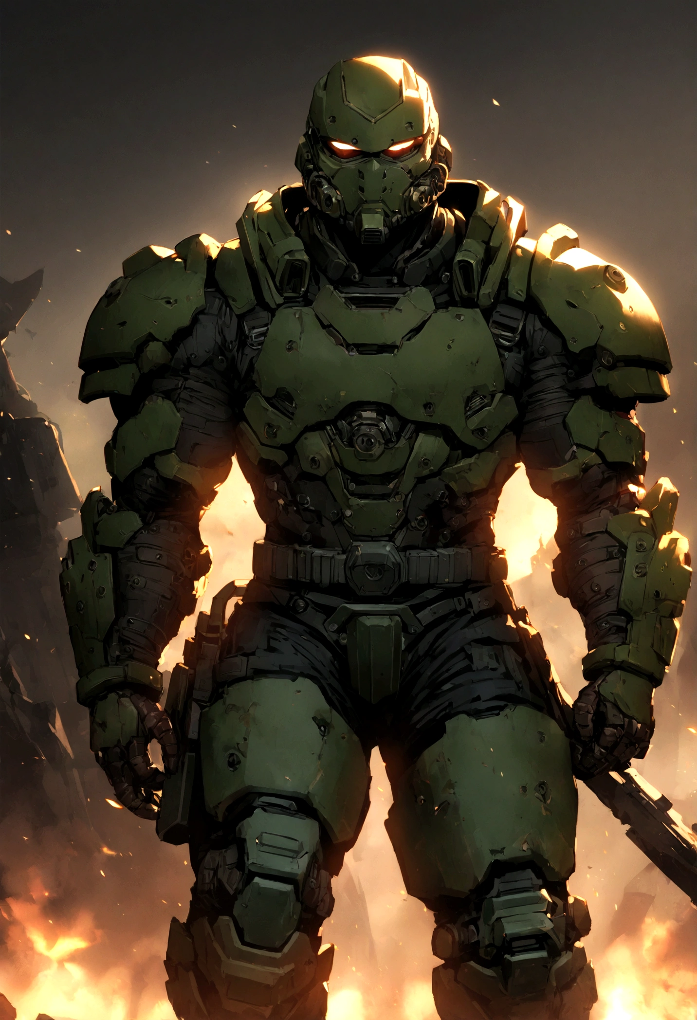 1boy,masked,muscular,strong rim light,moody lighting,armor,highres,rim light,by zoyu,by sedo,(doomguy,doom,doomslayer),