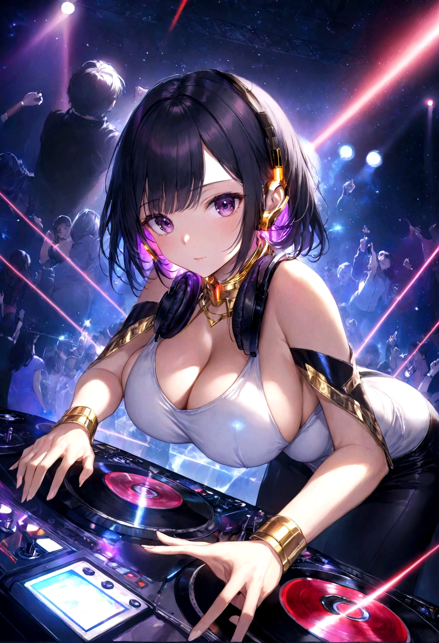 1 girl,Clean hands、Put on your headphones,(Black Hair Girl),,Big Breasts,DJ,DJ Booth、Riding the music、club、((Night Live House、Red laser light、Blue laser light、random laser point、Virtual space、Golden laser beam、Purple laser light、DJ、Live Stage))、Natural Hands