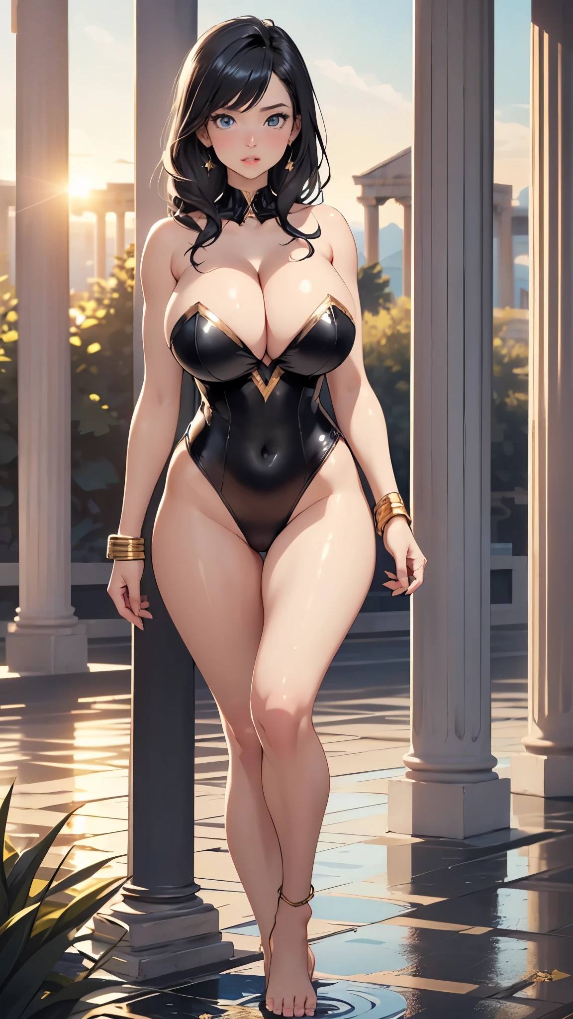 (((Wonder Woman))),girl from ancient Greek,1girl,1girl,

(:1.4),((((realistic black hair,black hair:1.3)))),(((blue_eyes:1.3))),intricate eyes,beautiful detailed eyes,symmetrical eyes,((((lustrous skin:1.5,tanned skin,bright skin: 1.5,skin tanned,shiny skin,very shiny skin,shiny body,Reflective skin)))),(spider lower abdomen,narrow waist,wide hip,athletic body,inflated legs,thick thighs,(detailed face)),beautiful detailed lips,Defined lips,strong body,feminine body,curvy beauty,strong and realistic,lips,

cute,slutty,sensual,seductive look,seductive,((erotic)),((nsfw)),

jewelry,((black leotard:1.5)),((gold bracelet)),((gold belt)),(public clothing: 1.5), shoulders,mature,toned Muscles,(Muscles: 1.2), ((strong and healthy body)),((((more) Muscles))),(((huge cleavage:1.5))),long legs, curves,ribs,thin waist,soft waist,(delicate skin),(beautiful and  woman),(eyelashes: 1.2),very delicate Muscles,Details perfect, perfect limbs,sexy,tiny clothes,show skin,(((barefoot))),(strapless:1.5),(((black clothes,black and gold theme clothes,greek style clothes))),

(flirtatious pose:1.3), looking at viewer,embarrassed,centered,scale to fit dimensions,Rule of thirds,

outdoors,pillars,((pillars background,greek palace,greek palace background,pyramids in the background)),scenery,extremely scenery,(puddles everywhere,moss,moss on the background), greek style,greek castle,lily pads,palms,(sunset, golden hour),

(Glossy greek ornaments),highres,sharp focus,(ultra detailed,extremely detailed),(photorealistic artwork:1.37),(extremely detailed CG unity 8k wallpaper),(((vibrant colors,vibrant theme))),(intricate),(masterpiece),(best quality),artistic photography,(photography taken by sldr),(intricate background),perfect rendered face,perfect face details,realistic face,photo realistic,((intricate detail)),(((realism))),
