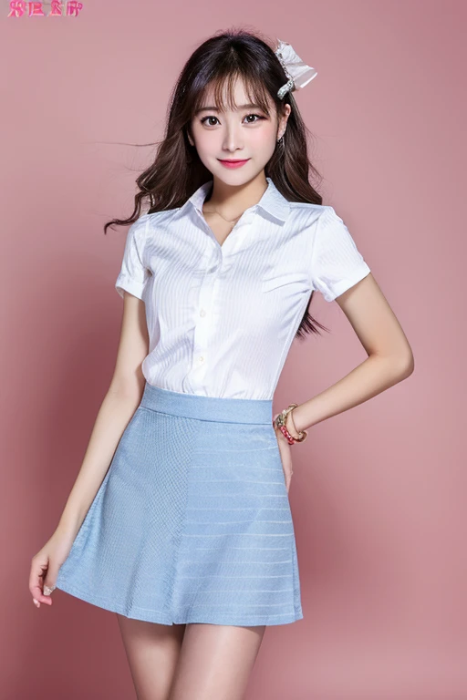 highest quality、masterpiece、High sensitivity、High resolution、Slim Body、Striped mini skirt、White shirt、