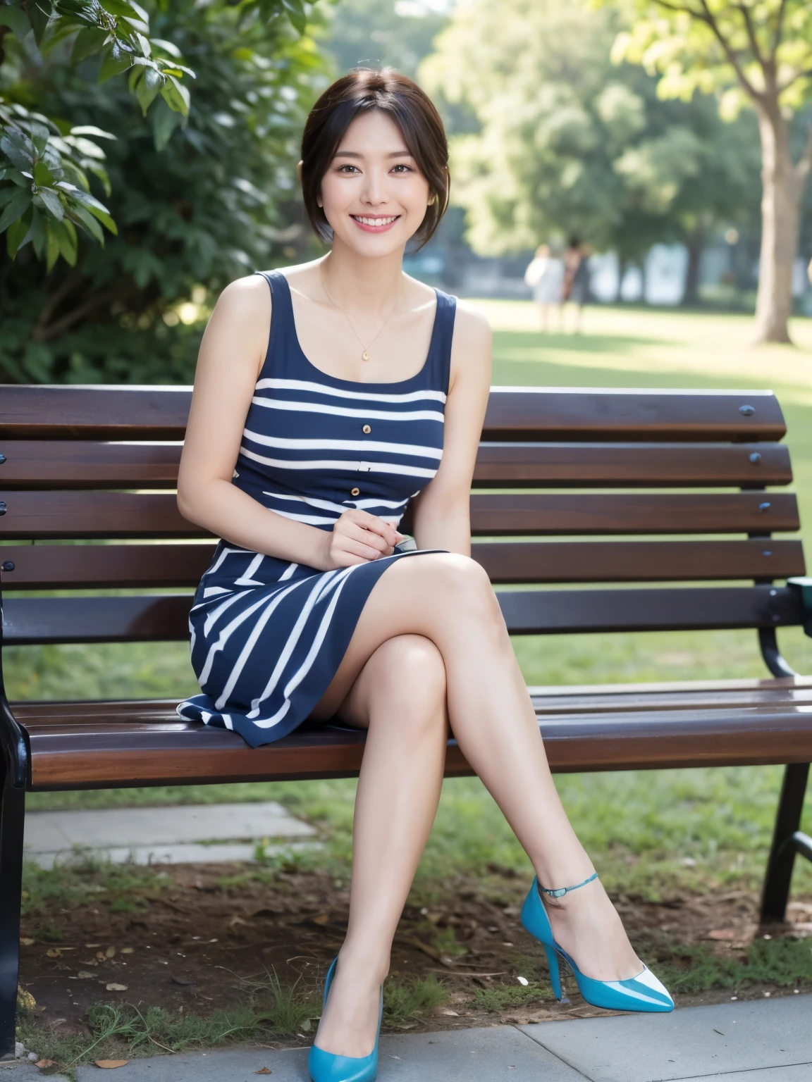 最high quality, In 8K, Masseter region, Vibrant, Sharp focus, high quality, High resolution, Detailed face, fine grain, Thick lips, (Looking at the audience), alone, Beautiful woman, 38 years old, （Short black hair:1.5）, Cleavage, afternoon、In front of the garden in the park,(Sit on the bench with your feet together:1.6）、（blue and white striped dress:1.6）、（smile:1.5）、（Black pumps:1.5）