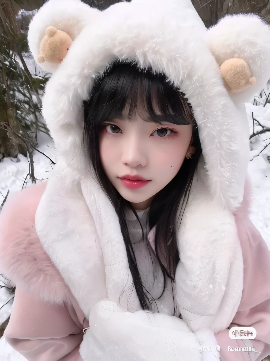 puffy Asian woman in a pink coat and white fur hood, Ulzzang, pale, snow-white skin, adorable and pale korean face, inspirado em Ma Yuanyu, lalisa manobal, Lalisa Manoban do Blackpink, na neve, sakimichan, frio como gelo! 🧊, ruan fofo vtuber, Shikamimi