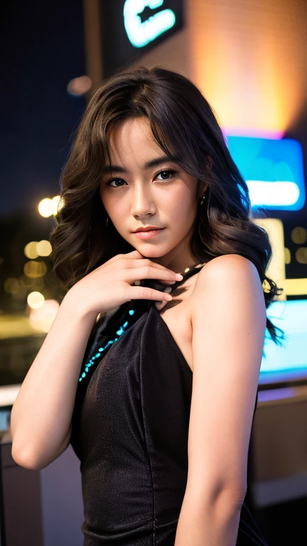 masterpiece, best quality, super high resolution, photography, realistic, super realistic, photorealistic, cinematic lighting, A young adult woman wearing a black dress and looking kindly against the night sky, cowboy shot, portrait, hill, milkyway