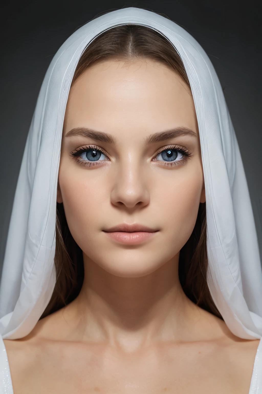 1 portrait visage fond blanc. symmetrical, poids central, realistic skin, beaux yeux