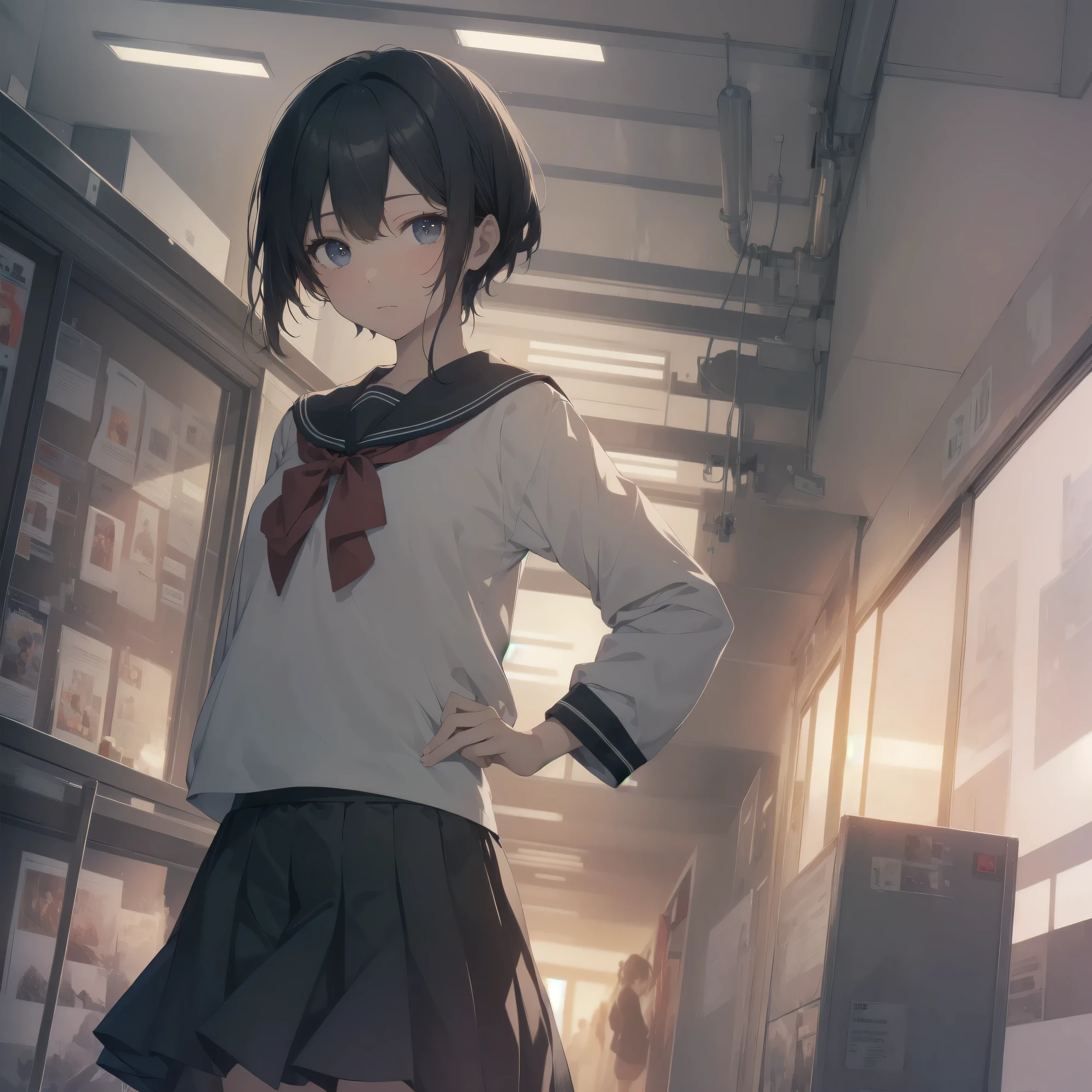 ultra-absurdres-Top quality by artist God, ultra-detailed, high resolution, anime moe artstyle, best anime 8k konachan wallpaper, pixiv contest winner, Collection: Slice of Life, perfect anatomy,break, 1girl, (Please draw a girl walking sleepily to school alone. )break,(Solo,little female, 13-year-old:1.3),Full limbs, complete fingers,a junior high school student, (very short hair), short cut, flat chest, , small butt, small black eyes, beautiful detailed eyes, well-proportioned iris and pupils, expressive eyes, highres detailed hair, soft expression, salor school_uniform, sailor collar, serahuku, bow, pleated skirt,(Detailed Lighting), (Detailed background), in the School commute route. break,super detailed skin, Best cinematic lighting powered by famous artist, 8k,beauty illustration,photoshop_(medium),very aesthetic,break,((artist:taisa_(kari) )), artist:clamp ,artist:carnelian ,artist:kantoku ,