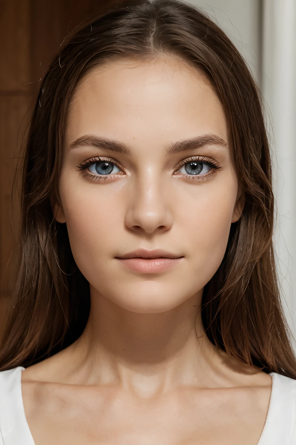 1 portrait visage fond blanc. symmetrical, poids central, realistic skin, beaux yeux