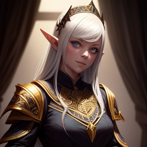 highest quality,masterpiece,masterpiece portrait,Intricate details,Magnificent Light,Fantasy,Dungeons & dragon,Retro,priest,Dark Elf,One girl,Wooden table,Shoulder strap,Grey Skin,Elegant smile,squint,Close-up portrait of a Mycenaean Drow woman wearing gold jewelry, Spider:0.9, web:1.0, Fantasy, Volumetric lighting, コンセプトart, Brush Stroke Style, artステーション, trend, Very detailed, art：Greg Rutkowski  