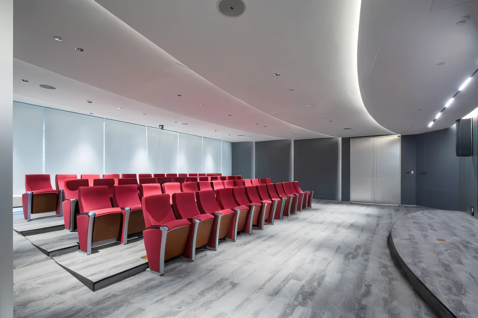 A large room with many red chairs,The ceiling is white, Business photo, theater, award winning cinematic, exception, photo of cinema screen, mist, classroom photos, Lecture Hall and Casino, Spacious, In the meeting room, visually pleasing, under the spotlight, Full Color, Wide Portrait, View from a lower angle, Look at the details