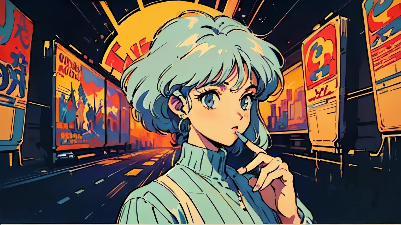 (80's, Retro, City Pop Poster:1.5), (Album cover), (masterpiece, highest quality), (anime, figure), (pastel colour:1.4), Best Photo Poses, Dynamic Angle, male, juvenile,Cool,Gray Hair,Handsome, Side cut, Temple Tattoo, alone, A perfect eye for detail, Delicate face, High Fashion,turtleneck