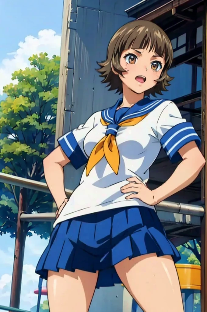 (masterpiece:1.3),(highest quality:1.4),(Super detailed:1.5),8K,High resolution,an extremely delicate and beautiful,Official Art,Perfect Anatomy,(anime_screencap:1.11),(90s Anime,90s Anime style,Cel-shaded anime:1.17),
anime coloring,detailed face and eyes, (solo:1.5),(anmnr:1.1),((ekitokuwz:1.52)),(school uniform:1.3),serafuku,short brown hair, pleated skirt, blue skirt, brown eyes, yellow neckerchief, short sleeves, japanese architecture,
smile, Open your mouth, Hands on hips, (amusement park:1.5), Cowboy Shot,