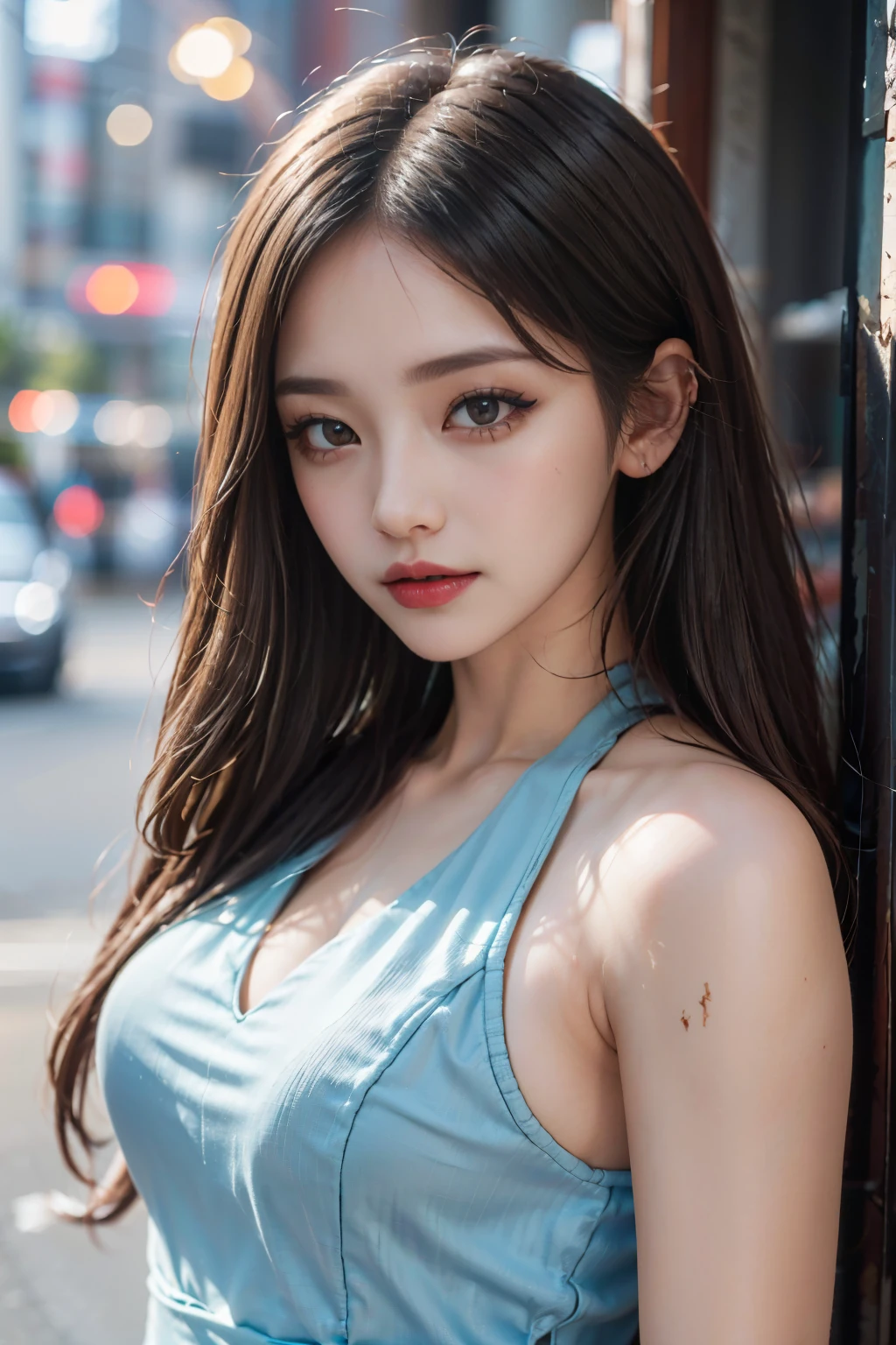 (((하늘색 드레스를 입고 길모퉁이에서 포즈를 취하는 female)))、Shiny and soft light brown hair, Beautiful sky with details、earring、(dynamic pose:1.2)、 (upper part of the body:0.8)、soft lighting、wind、shiny skin、smile、,(eye shadow:1.3),(eye line:1.3),(Mascara:1.3),(red cheeks:1.3),(Sexy Lipstick:1.1),K-pop idol、Aiming to become a gravure idol、cowboy shot、(((female)))、light blue sleeveless dress、watercolor suit、Light blue high-neck dress:1.2、