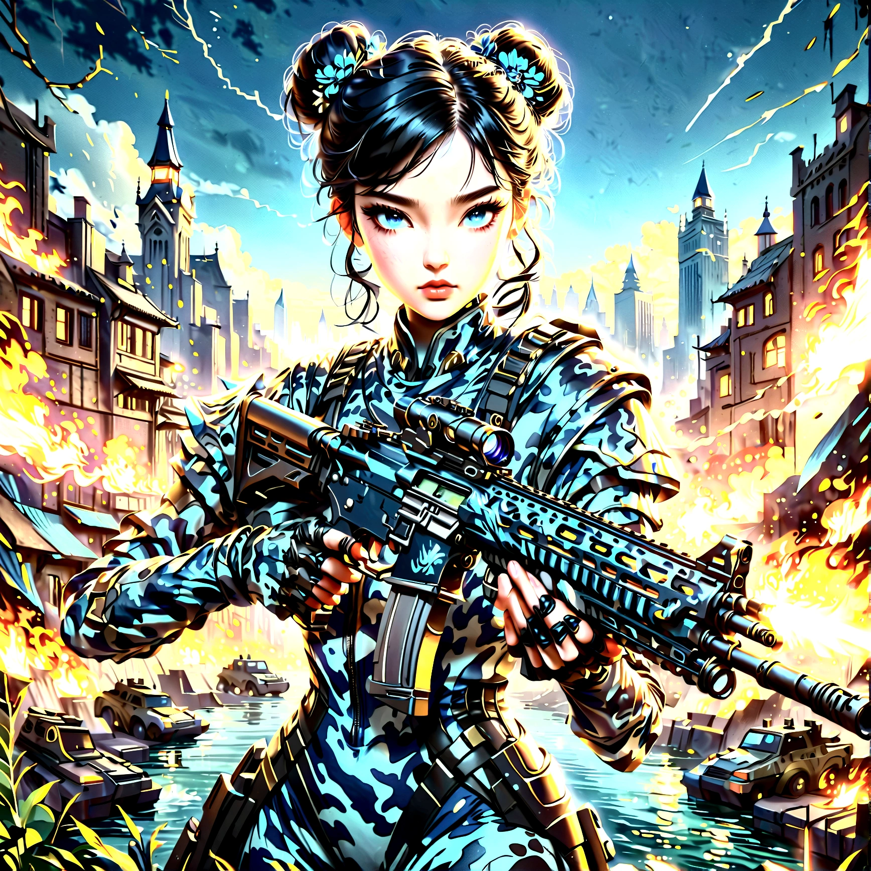 beautiful asian woman, , large breasts, black hair in double buns, wearing latex bodysuit in night camo pattern with night camo makeup, holding assault rifle, in front of cityscape at night, dark background, full body portrait, master of Fangzhongshu, immortal, (best quality, 4k, 8k, highres, masterpiece:1.2), ultra-detailed, (realistic, photorealistic, photo-realistic:1.37), HDR, studio lighting, extreme detail description, vivid colors, cinematic lighting