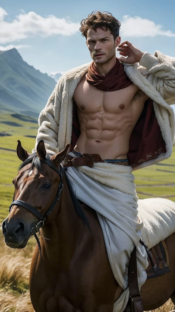Jamie dornan, braids, bare-chested, muscular, young, abs, male solo, riding horse, grassland, fur, Tibetan clothing, depth of field, vfx, cold tones