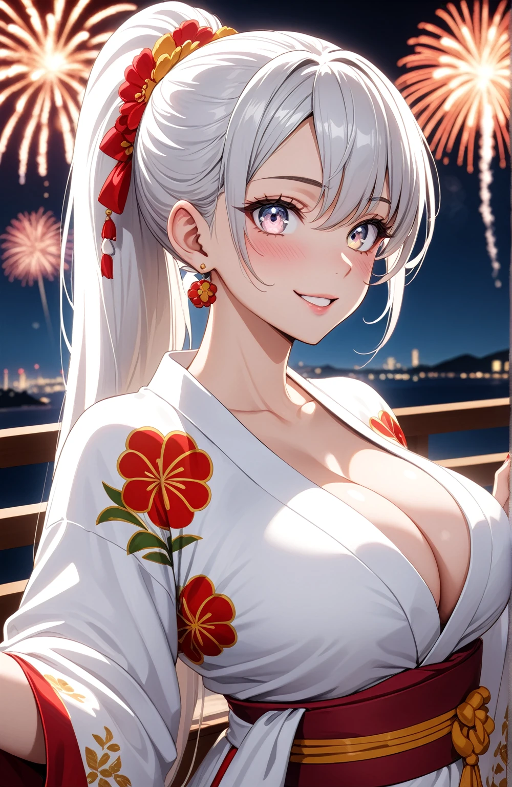 ((one personの女性)), Beautiful Face,Laughing embarrassedly,Laughing with your mouth open,(Bright red cheeks),Glossy pink lips,night,The rooftop of a hotel with a sea view,firework,((Anime style background)),masterpiece, highest quality, so beautiful, Latest, Complex details, (Pink long nails),(ring),AI-generated, Complex,High resolution, highest quality, super high quality,3D Images、View your viewers、3D Images,one person,Long white hair,High Ponytail,blue eyes,Anime woman posing for a photo, ((Fine grain、Silvery white colorful eyes、Shining Eyes:1.3)),(Squint your eyes:1.1),a hyperRealistic , hyperRealistic , Realistic,Anime woman with long and white hair, Smooth anime CG art, A woman in a colorful kimono with gold embroidery, (White kimono),Red floral pattern,Long flower hair ornament,Big earrings,Mature Body,(Big Breasts:1.1),Tall,Big Ass,Fine details,Narrow waist,Abdominal muscles,Shooting from an angle,(Face close-up:1.2),(Holding a container of takoyaki in both hands)