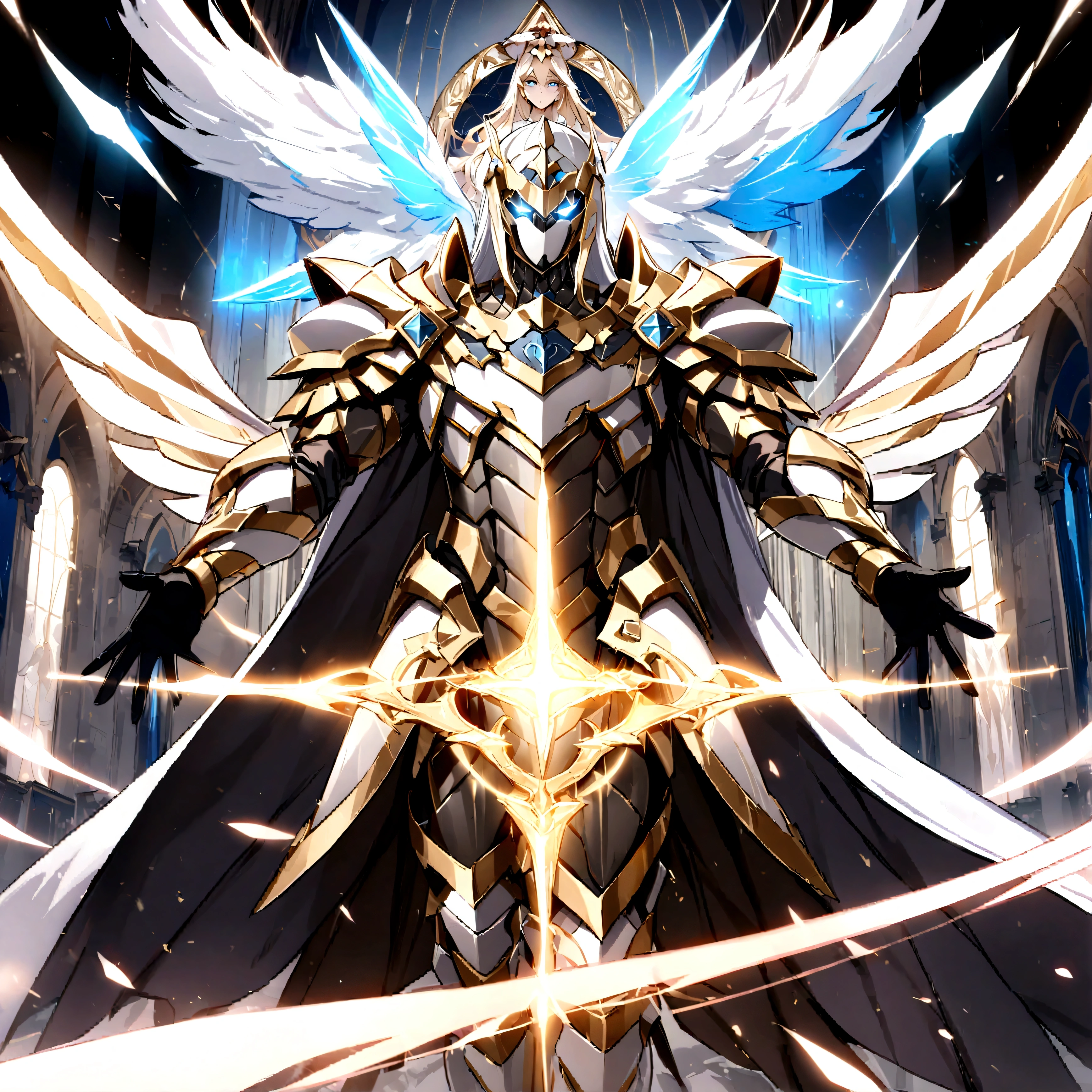 (extremely detailed CG:1.2), (masterpiece:1.2), (best quality:1.2),,((absurdres)), warrior of light, hero knight, god like, champion armor, perfect armor, holy paladin, non-human, silver and golden armor, glowing silver eyes, glowing silver aura, glowing aura, judge armor, glowing eyes, royal knight, soul knight, helmet, he is the avatar of the voice of god the archangel metatron this soul is the strongest soul on avalon he's fought many gods and demons his power is beyond all things as his power comes from the divine archangel metatron he stands alone the light of the sun upon him as if chosen by god, he is justice he is order he is good! soul knight,silver gem in chestplate flowing with power