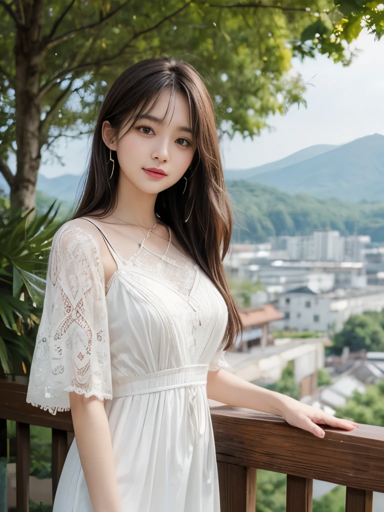 masterpiece、8k、32k、highest quality、(Detailed eyes)、(Cute Japanese Woman、Bans)、(Crochet lace maxi length dress:1.2), Tote bag, Drop earrings, Ankle boots、20yo、One Girl、elegant、(Detailed background depiction、Portrait:1.2)、Ruffled Dress、(Nice views)、get up、Cowboy Shot、smile、Brown long hair、bangs、Cytologically correct hand