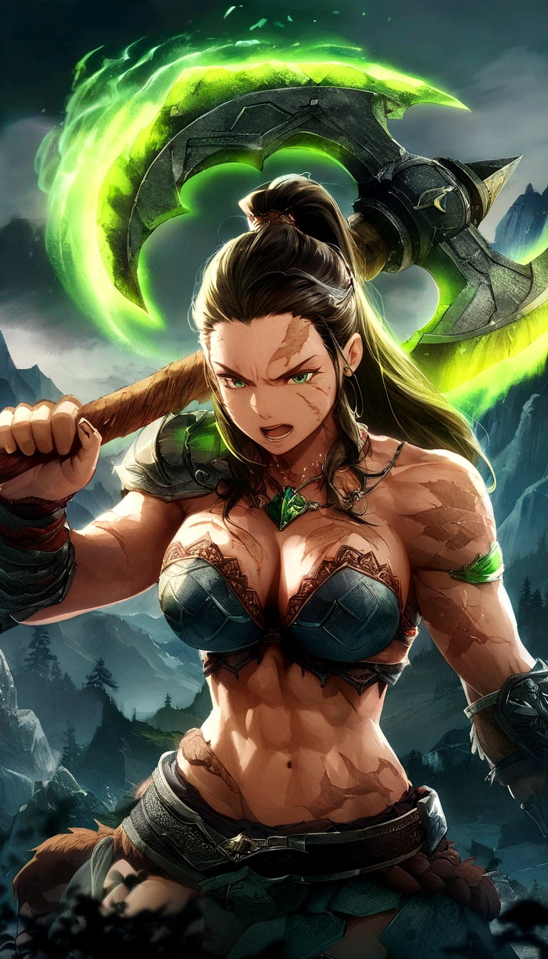 (A muscular and monstrous barbarian girl wielding a massive axe, adorned with intricate tattoos, and baring sharp teeth) + dynamic pose + intricate details + joyfully laughing, with her dragon as a pet, dragon eyes,)She is centered within a chaotic battle, and exudes dominance over all. In her hand, she wields a great axe sword, its blade worn and bloody reflecting the countless battles that envelops her. blushed, 18+ face, nsfw art, body curve, full sexy body, random position, random pose position, random position, beauty shirt, ((upper body)), ((closed up)), ((detail face)),