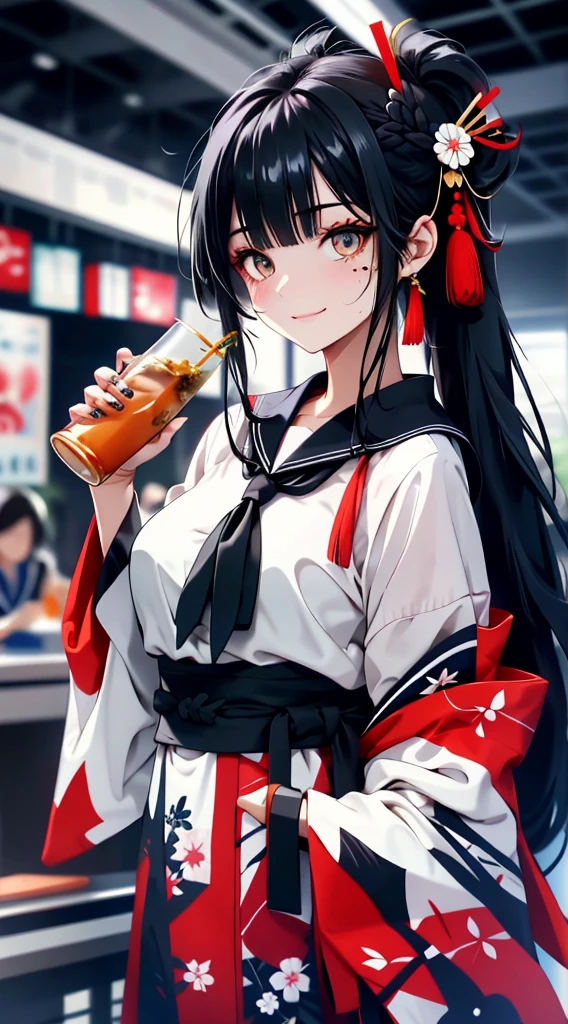 Black hair, bangs, curtained hair, crossed bangs, Long hair, Messy hair, pony tails, Very long hair, Black hair, bangs, curtained hair, crossed bangs, Long hair, Messy hair, pony tails, Very long hair, Big hair, ((Drinking Japan tea)), hair ear, hair tying, hair flaps, widow peak, head gear, Hair ribbon, kanzashi, hairpods, white hair ribbon, Moles under eyes, Raised eyebrows, eyeball, Evil smile, crazy, Shy, scowling, jitome, gloom (expression), Seductive smile, anime big breast, Minimalism, Anime style, anime big breast, Minimalism, Anime style, angle of view, From above, hyper HD, retinas, Masterpiece, ccurate, Textured skin, Super detail, High quality, High details, Award-Awarded, Best quality, A high resolution, 16k, hyper HD, retinas, Masterpiece, ccurate, Textured skin, Super detail, High quality, High details, Award-Awarded, Best quality, A high resolution, 16k((sailor suit))((Old cityscape background))