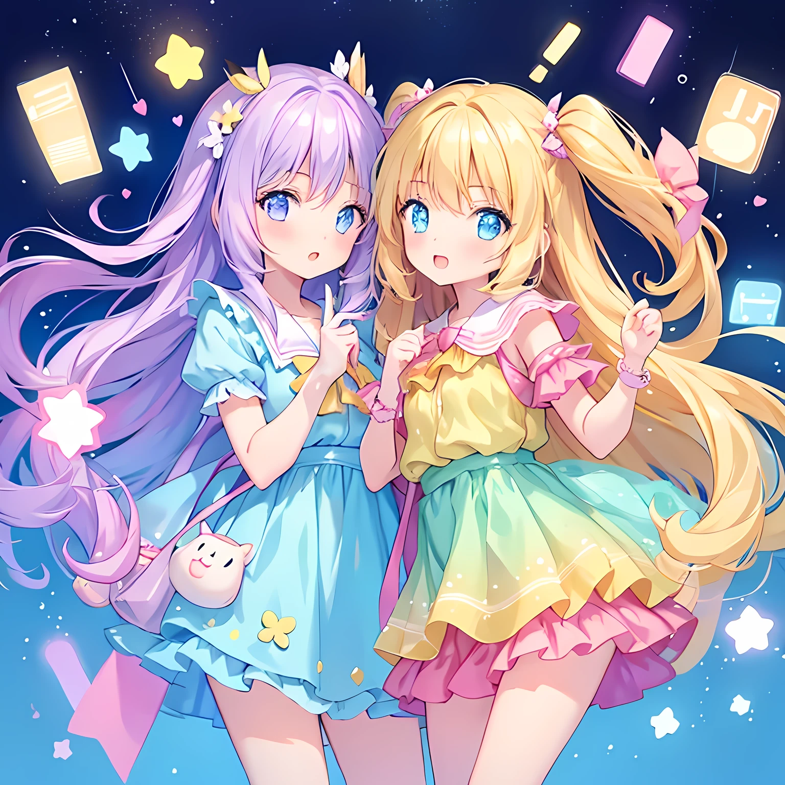masterpiece, (Two girls and two girls and two girls and two girls), RPG, close, Big eyes, cutetech, cute, cute, pastel colour, highest quality, Happy, Deep Background, Symmetric, Tilt your head, summer, cover, title