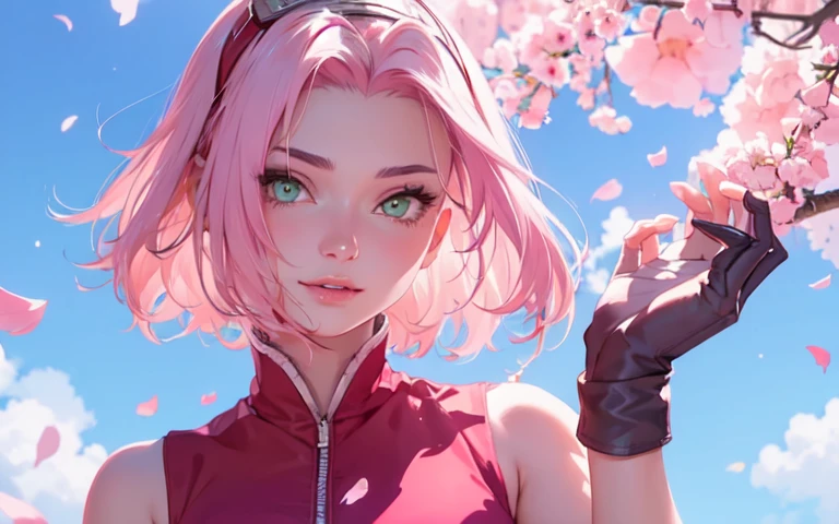 young woman, short shoulder-length pink hair, wide forehead, porcelain skin, pink eyebrows, big emerald green eyes, buttoned nose, full lips, heart-shaped face, slender body, small breasts, red tank top, Sakura Haruno , realistic, realism, details, 3d, well detailed