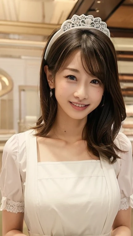 ((highest quality)), ((masterpiece)), (detailed), Perfect Face、Naughty、girl、cute、she、I like you、Mom、milk、big Breast 、apron、Upper Body