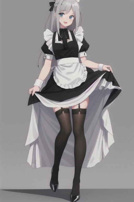 ((Best quality))), ((Ultra-detailed)), ((illustration)), ((Disheveled hair)), ((frilld)), (1 girl), (Solo),,1girl, lifted_by_self, looking_at_viewer, open_mouth, solo, rating:safe, apron, black_footwear, black_shoes, clothes_pull, clothing, :d, female, footwear, legwear, long_hair, maid, maid_apron, makaria, open-mouth_smile, puffy_sleeves, shoes, skirt, skirt_hold, skirt_lift, skirt_pull, maid_skirt, smile, standing, white_legwear,
gray_hair, blue_eyes,