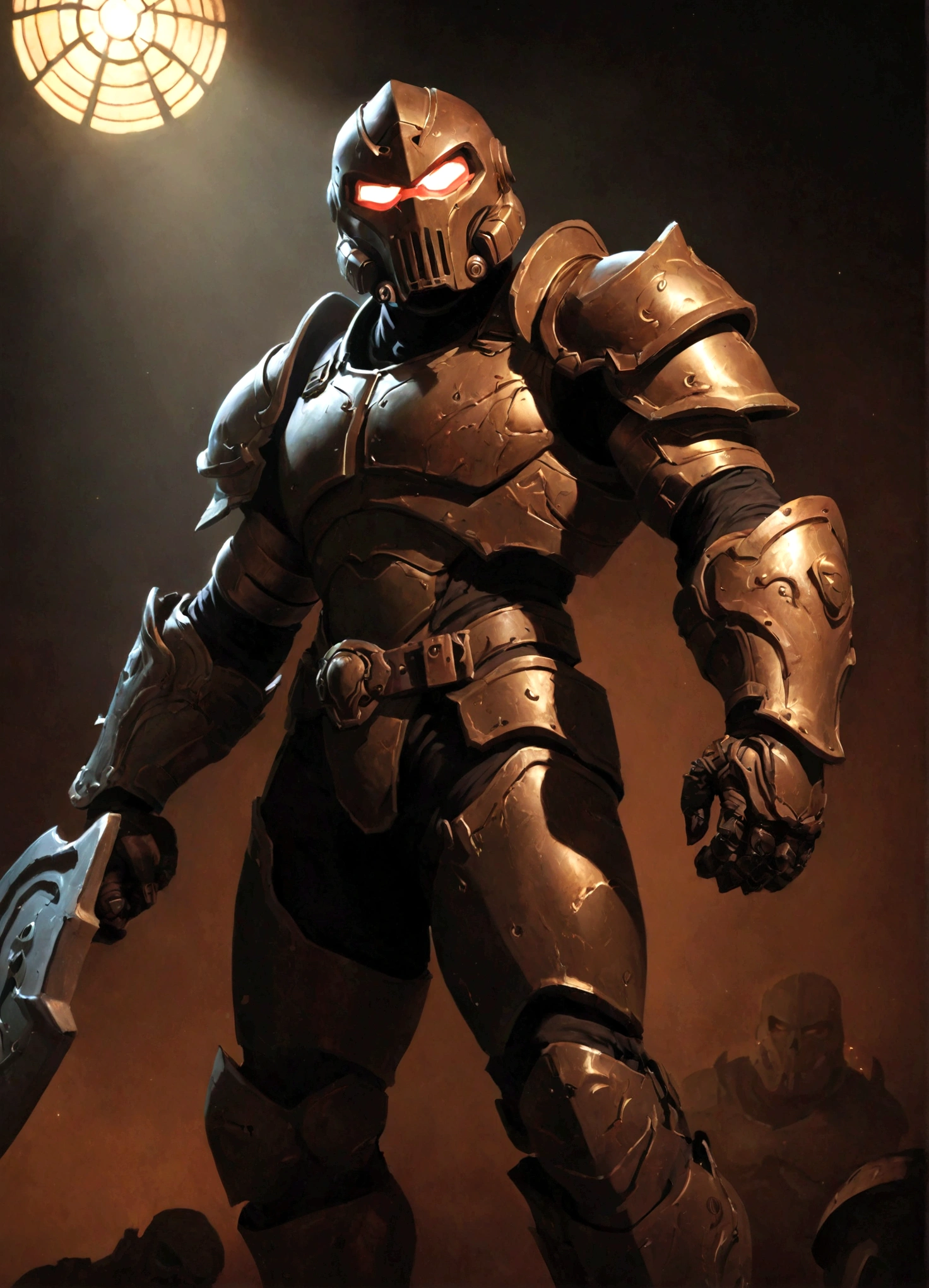 1boy,masked,muscular,strong rim light,moody lighting,armor,highres,rim light,by zoyu,by sedo,(doomguy,doom,doomslayer),