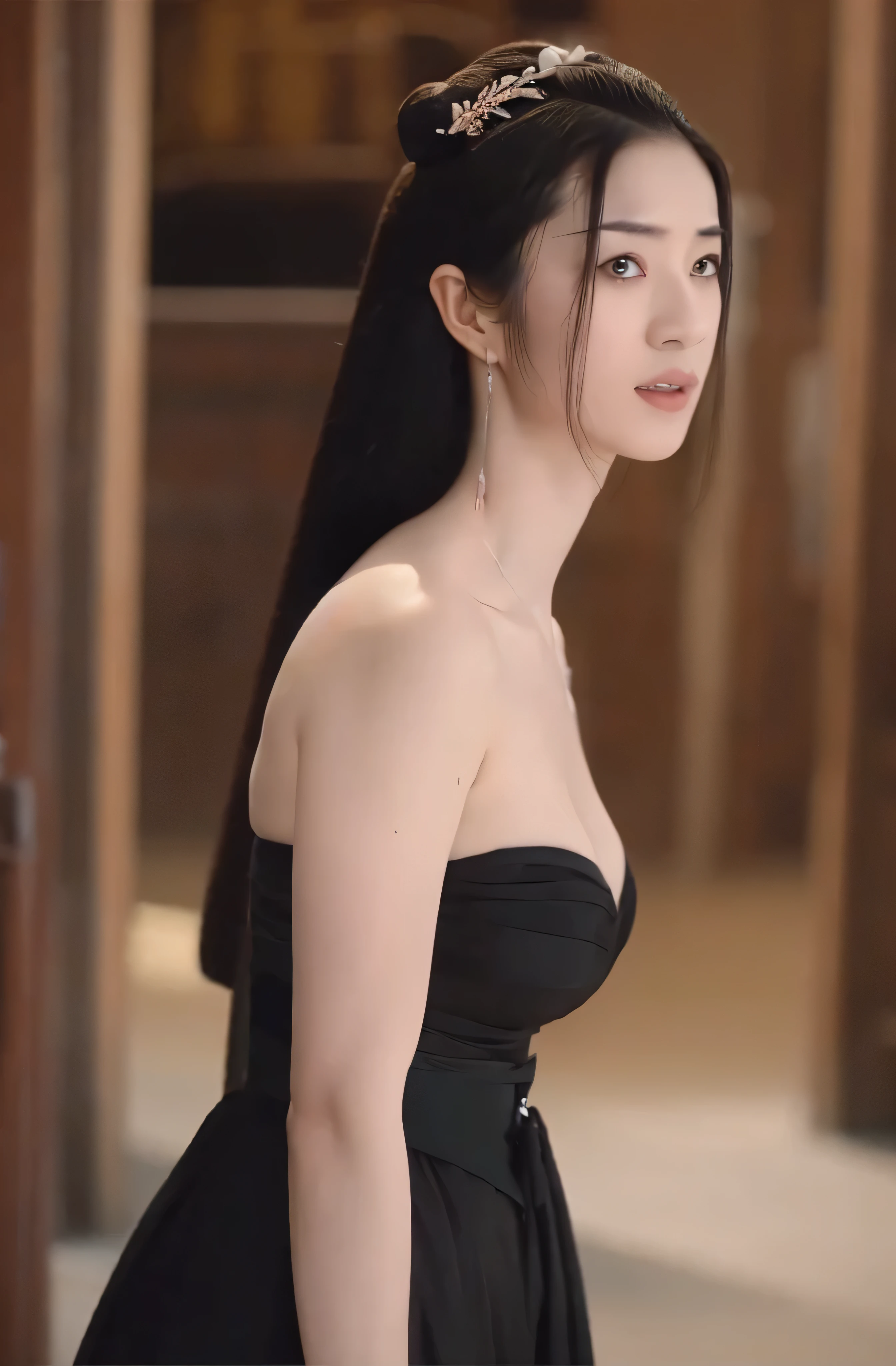 A beautiful woman，alone，Full breasts，Wearing a black gauze dress