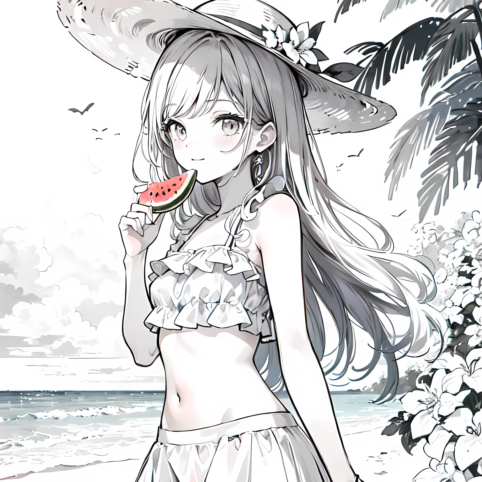 Line art background, background, Monochrome, Line art, ((sketch)),Highest , 2. Colorinochrome、 quality,masterpiece,monochrome,Lineart,single color,Create a detailed coloring page,（masterpiece）、(highest quality)、One Girl、smile、Eating watermelon、Swimwear、sunglasses、Having a watermelon、