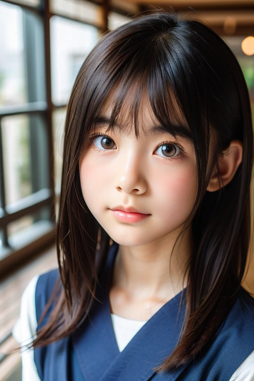 (Beautiful 14 year old Japan woman), Cute Face,whole body, (Deeply chiseled face:0.7), (freckles:0.6), Soft Light,Healthy white skin, shy, Bob, (Serious face), (Sparkling eyes), thin