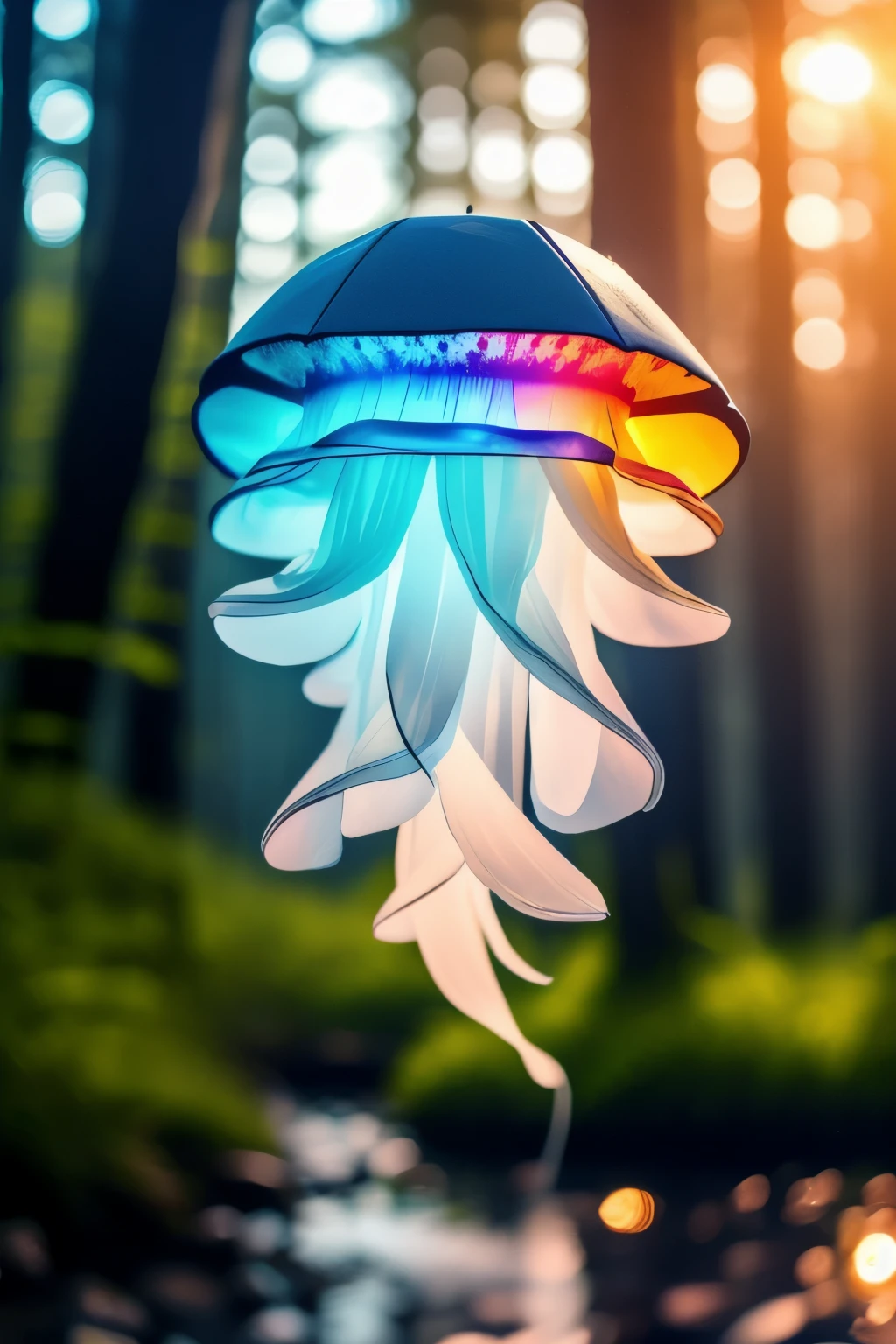 master piece,high quality,Luminous jellyfish,in the forest,at night,white and rainbow light,J_origami,