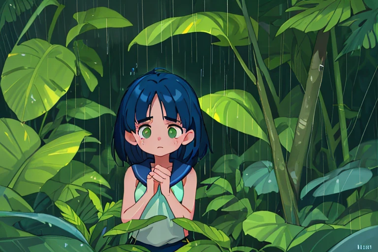 High resolution,high quality,Perfect body,Perfect Face,Perfect Fingers,Beautiful Skin,1girl,solo,In the dense jungle,Navy Blue Hair,Medium Hair,White sleeveless,Yellow shorts,Show the whole body,Anxious expression,Heavy Rain,Sheltering from the rain under large leaves