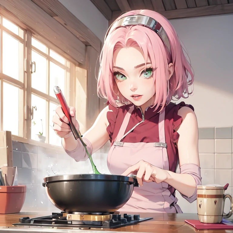 young woman, short shoulder-length pink hair, wide forehead, porcelain skin, pink eyebrows, big emerald green eyes, buttoned nose, full lips, heart-shaped face, slender body, small breasts, red tank top, Sakura Haruno , realistic, realism, details, 3d, well detailed