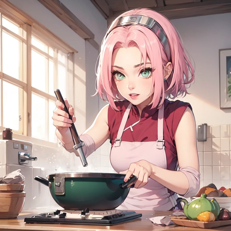 young woman, short shoulder-length pink hair, wide forehead, porcelain skin, pink eyebrows, big emerald green eyes, buttoned nose, full lips, heart-shaped face, slender body, small breasts, red tank top, Sakura Haruno , realistic, realism, details, 3d, well detailed
