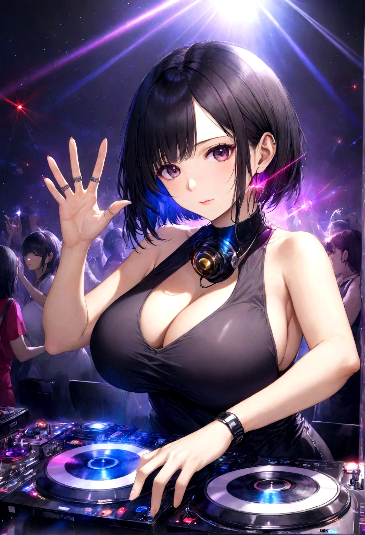 1 girl,Clean hands、Put on your headphones,(Black Hair Girl),,Big Breasts,DJ,DJ Booth、Riding the music、club、((Night Live House、Red laser light、Blue laser light、random laser point、Virtual space、Golden laser beam、Purple laser light、DJ、Live Stage))、Natural Fingers、Realistic fingers、Five Fingers