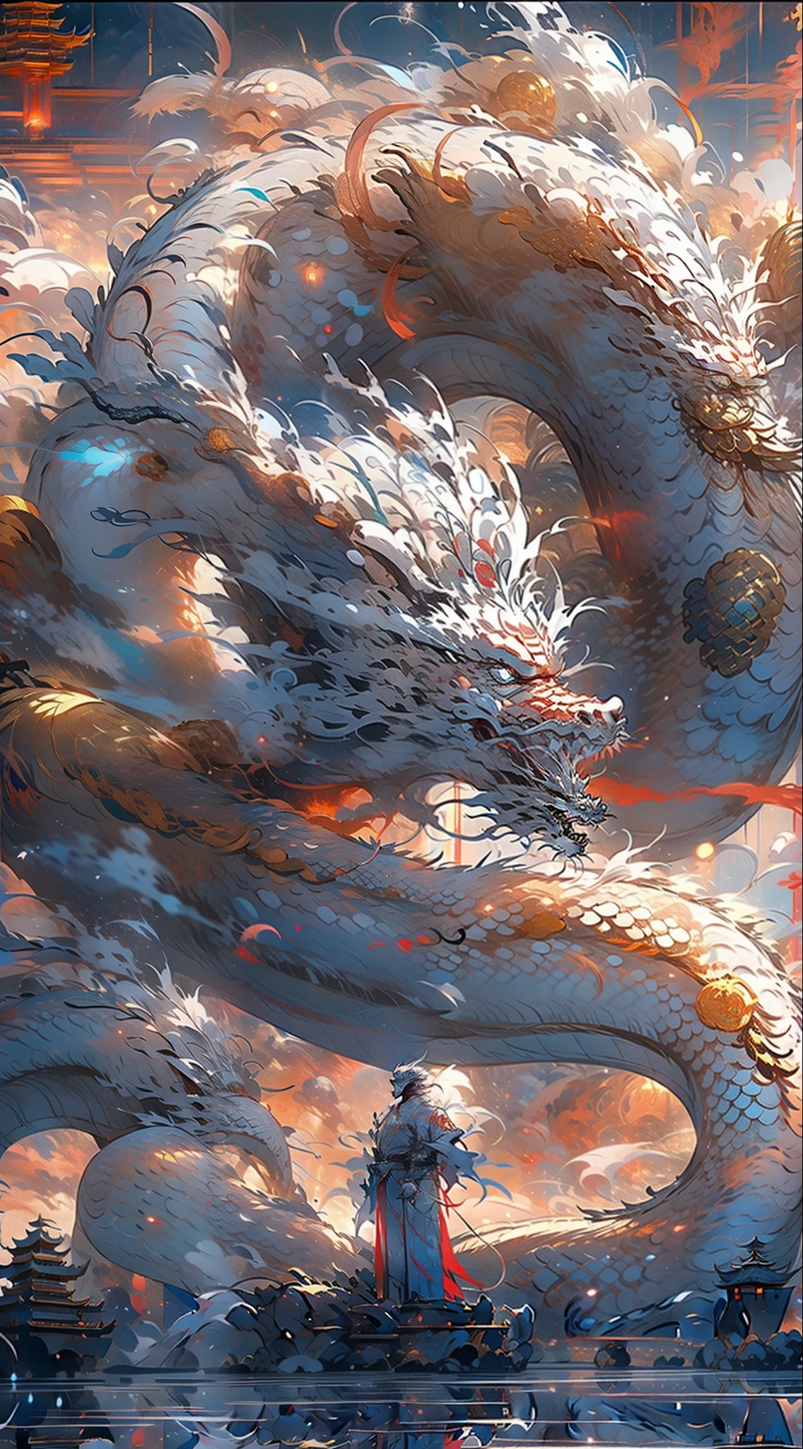(((Crystal White Dragon))),chinesedragon,(((Behind him is a huge Chinese dragon))),Ancient man with amazing figure,(((silber hair))) Redness of the eyes , Wear handsome antique clothes,Leaking shoulders,jewely,Amazing work,Vitreous luster,clean backdrop,high brightness,Sparkly Colors,diamonds,cyan colors,colors red , Sample legs, Magic flows from your body
