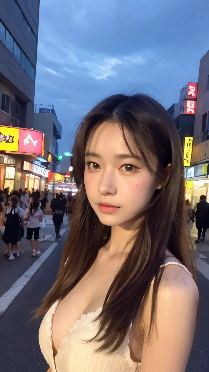 (masterpiece, best quality, Super detailed:1.3), Perfect composition, 4k, (Very detailed, Ultra Detailed), soft light, Raw, HDR, 8k Textures, Extreme details, Highly detailed skin texture, Epic details, High Definition, 1 Girl, (delicate eyes:1.3), (18-year-old girl:1.3), (Skinny), (Large Breasts), small, on the street, Public;in public, Night Street, night light, Neon, Japanese cartoons, illustration,  