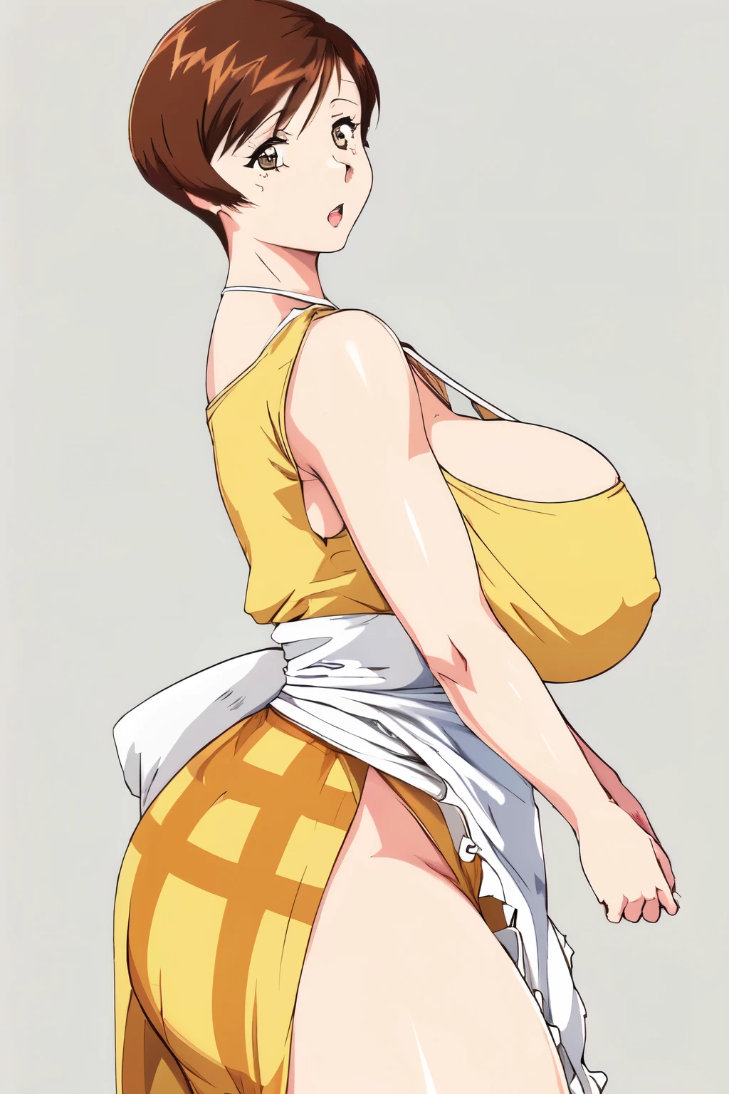 masterpiece, highest quality, High resolution, 1girl, solo, sexual intercourse, Pornographic image, short hair, etsukoto, brown eyes, fine grain, fine grain, (((Thick thighs, Plump thighs, Voluptuous thighs, Thighs are enough))), huge and ample breasts, Cleavage, Huge long breasts, Naughty big,((huge breasts are important))、((Naughty thighs)), L Cup, (thin:1.4),(Tight waist:1.4),  (yellow dress:1.4), ((white waist apron)), white panties, expressionless face, clear face, ((:o)), looking away, (((Simple Background))), ((Wide Hips)), Shiny, Oily skin, Mature mother, Calf, Seductive mature woman, Perfect body, Plus Size Model, etsukoto, clavicle, retro artstyle, 1990s (style), [[from side]], nsfw,