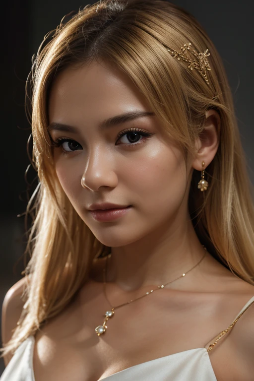 best quality, masterpiece, highres, 1girl,china dress,hair ornament,necklace, jewelry,Beautiful face,upon_body, tyndall effect,photorealistic, dark studio, rim lighting, two tone lighting,(high detailed skin:1.2), 8k uhd, dslr, soft lighting, high quality, volumetric lighting, candid, Photograph, high resolution, 4k, 8k, Bokeh, blonde hair,
