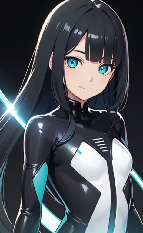 (Photorealistic:1.4)、(,20-year-old:1.5),(masterpiece、Blue lens flare:1.5、spot light:1.2、Exquisite beautiful eye:1.5,portlate),(kind eyes、tareme:1.9),()、Cute Face、 3D Face、(black hair:1.5)、(middle hair:1.5),(sidelock :1.5),(blunt bangs:1.3),(1 woman)、(aqua eyes:1.2)、(upper body:1.5)、(forced smile:1.5)、(gradient eyes:1.2),(head tilt) ,(Cute face:1.2),(flat chest),(),kind face,(plugsuit:1.5),(black background:1.5)、()、()、 Neat and clean、Adorable、Demure,Slim Body(),Shiny Hair、()、