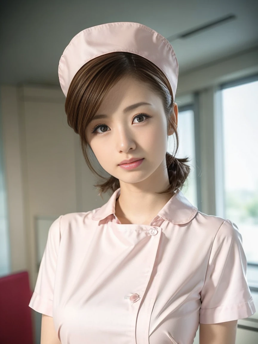 1 girl,(Wearing white nurse clothes:1.2),(RAW Photos, highest quality), (Realistic, photo-Realistic:1.4), masterpiece, Very delicate and beautiful, Very detailed, 2k wallpaper, wonderful, finely, Very detailed CG unity 8k wallpaper, Very detailed, High resolution, Soft Light, Beautiful detailed girl, Very detailed eyes and face, Beautiful and detailed nose, finely beautiful eyes, nurse, Perfect , Black Hair, Upstyle, nurse uniform, ((nurse cap)), Long skirt, nurse, White costume, thin, hospital, clear, White Uniform, hospital room, Neck auscultation,(uetoaya)、light makeup