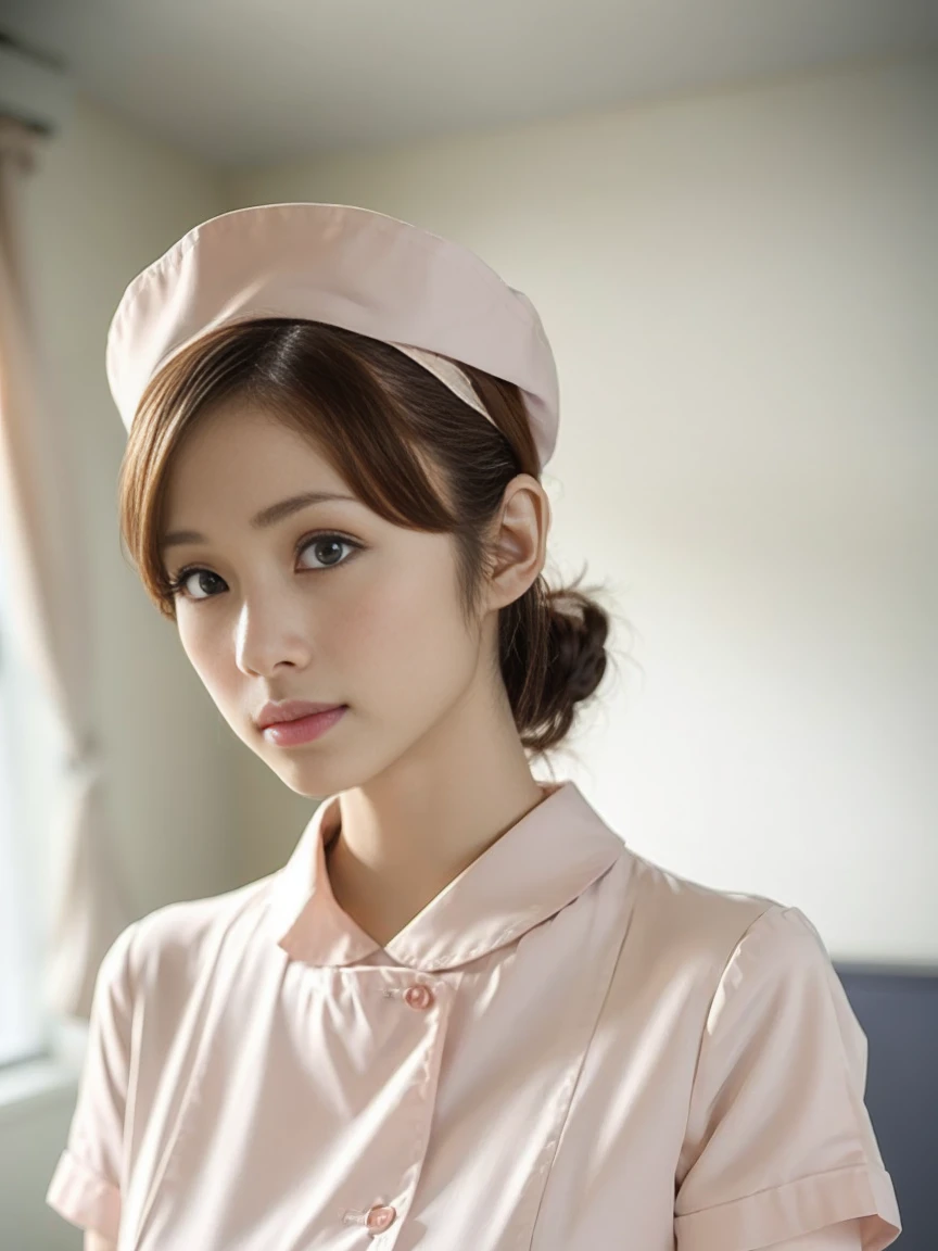 1 girl,(Wearing white nurse clothes:1.2),(RAW Photos, highest quality), (Realistic, photo-Realistic:1.4), masterpiece, Very delicate and beautiful, Very detailed, 2k wallpaper, wonderful, finely, Very detailed CG unity 8k wallpaper, Very detailed, High resolution, Soft Light, Beautiful detailed girl, Very detailed eyes and face, Beautiful and detailed nose, finely beautiful eyes, nurse, Perfect Anatomy, Black Hair, Upstyle, nurse uniform, ((nurse cap)), Long skirt, nurse, White costume, thin, hospital, clear, White Uniform, hospital room, Neck auscultation,(uetoaya)、light makeup