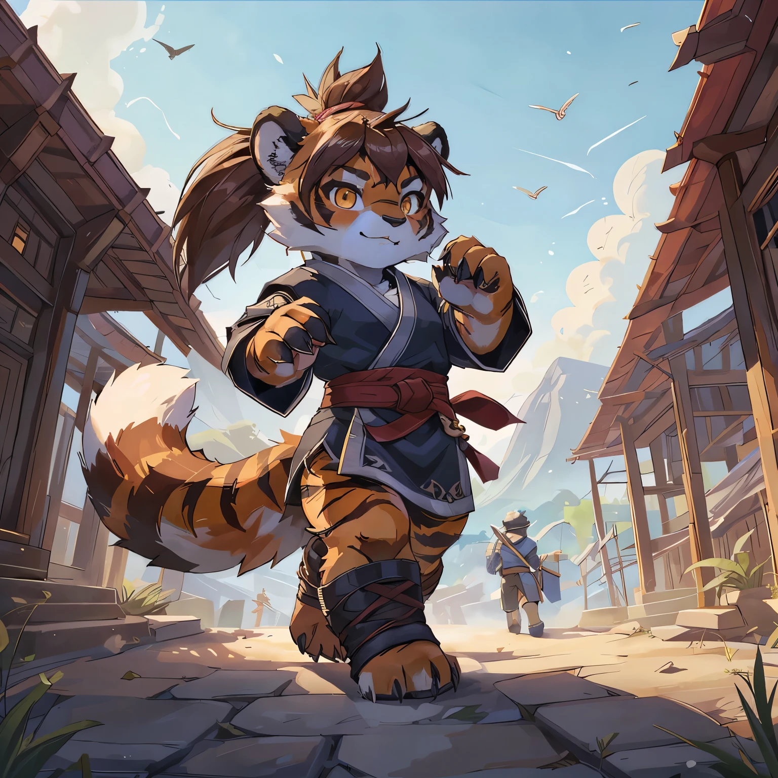 (4fingers), small_round_ears, small_panda_ears, pandaren, world_of_warcraft, furry, anthropomorphic, fluffy_tail, foxtail, cfemale, claws, red_panda, tiger_stripes, tiger_face, flat_chested, short, short_stack, amber_eyes, pupils, (tiger_legs), (left_foot_black_fur), (right_foot_white_fur), (four_fingers), waist_long_ponytail, brown_hair, (three_toes), (3toes), simple clothing, detailed_eyes, detailed_face, detailed_hands, detailed_feet, training, martial_arts, in_training_grounds, medieval_city