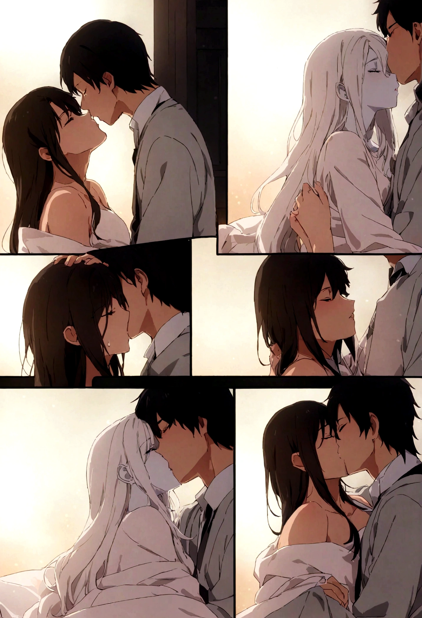 女性の服を脱いで肩にkissをする男は、Close your eyes and throw your head back., Better Quality, Movie stills, 1. Mueller,Long white hair, Transparent dress, Long Race, 1 man in kimono, Long black hair, ,White skin, like, kiss, quarto red, At the bed, close, bright, Sensual, romantic, dim and warm lighting, red, Moonlit Sky, (spark: 0,7) , ((kiss))