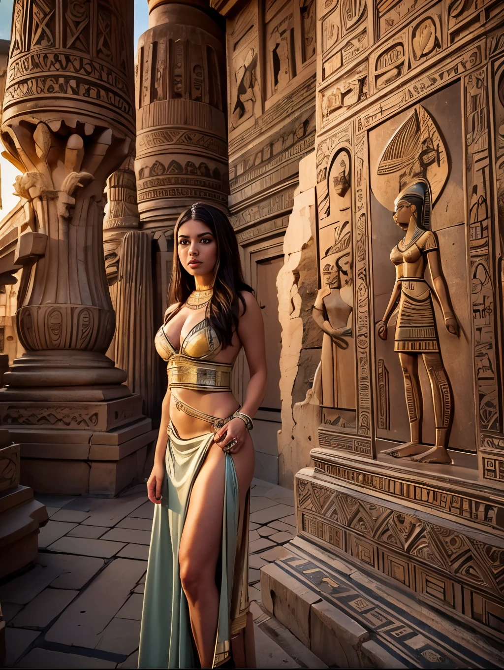 (Masterpiece.ihd.photorealistic). ((Low angle shot.full body. Fisheye 5mm lens)) an ultra hot gorgeous European woman. Age 23.antique Egyptian queen.fit body. Egyptian temple. Low light. Early morning light.