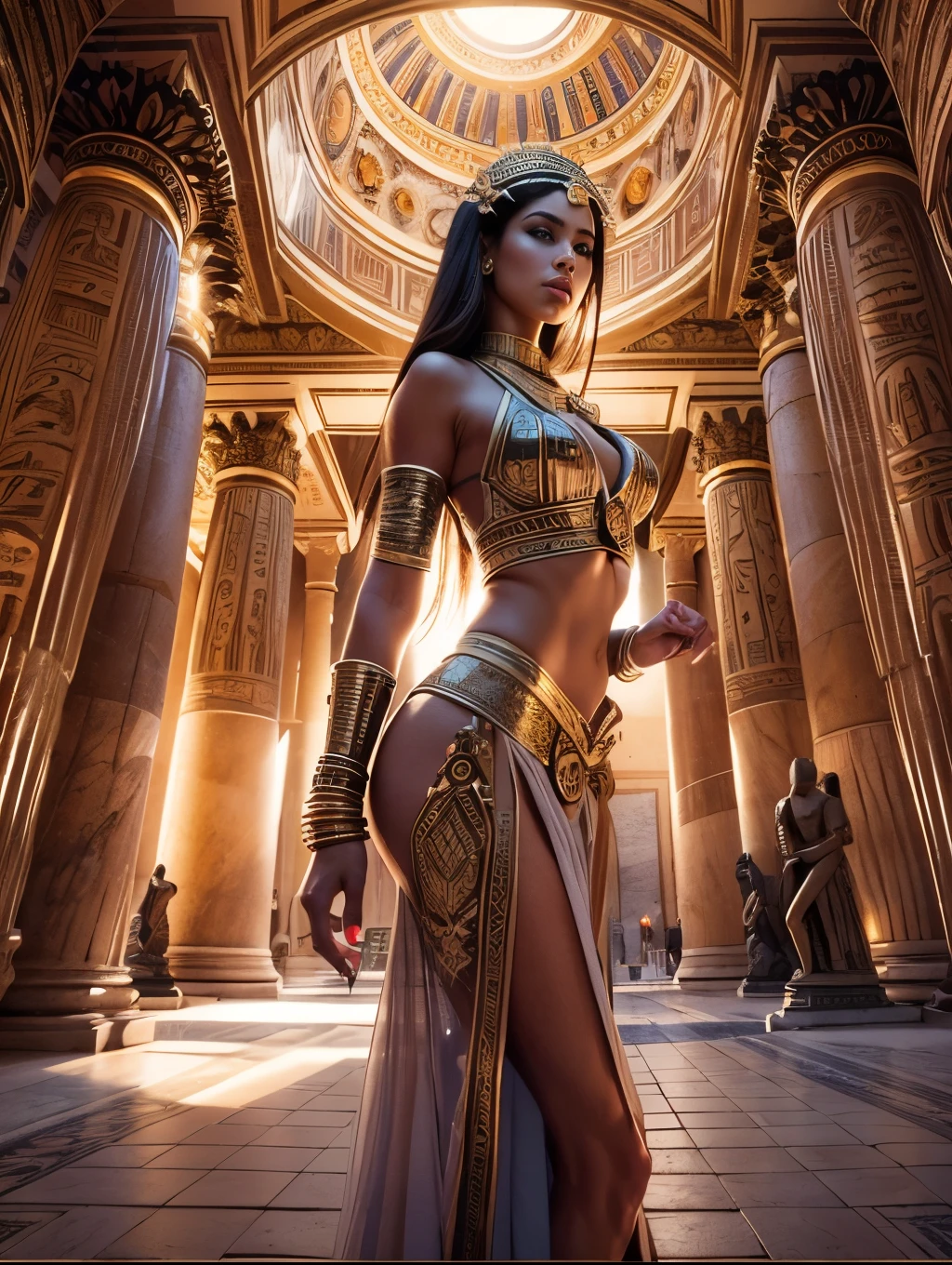 (Masterpiece.ihd.photorealistic). ((Low angle shot.full body. Fisheye 5mm lens)) an ultra hot gorgeous European woman. Age 23.antique Egyptian queen.fit body. Egyptian temple. Low light. Early morning light.