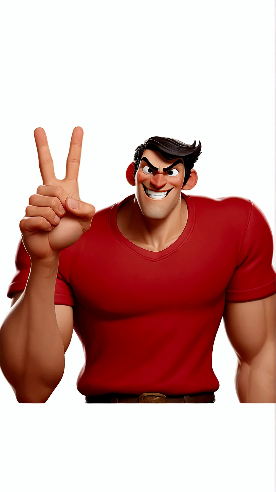 The image shows a man standing against a plain background. He is wearing a red t-shirt and has dark hair. His left hand is raised, making the gesture with his index finger and thumb. He appears to be smiling and looking directly at the camera.
