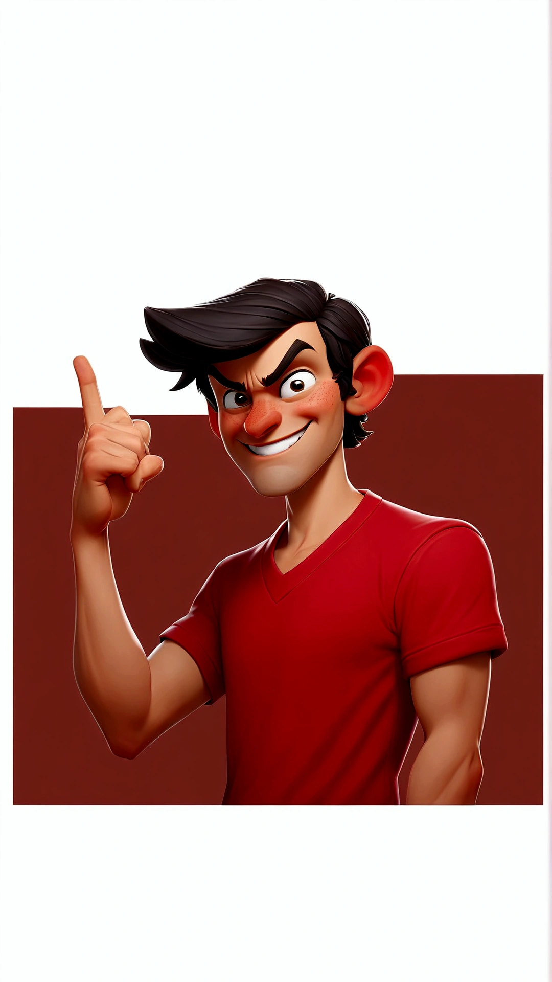 The image shows a man standing against a plain background. He is wearing a red t-shirt and has dark hair. His left hand is raised, making the gesture with his index finger and thumb. He appears to be smiling and looking directly at the camera.