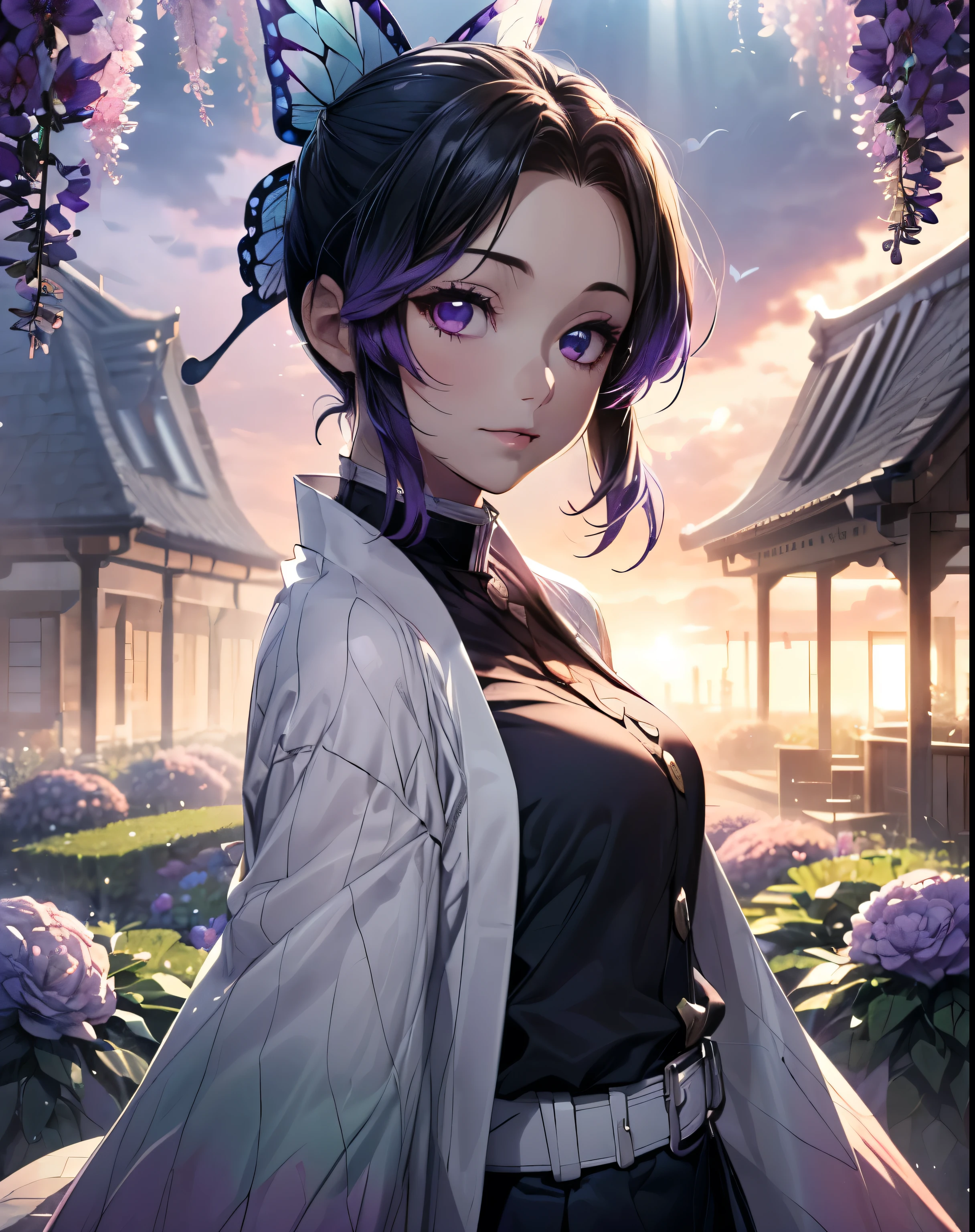 Ultra-realistic 8K CG, tmasterpiece, ( (Ultra detailed backgrounds, delicate patterns, Complicated details)
Best
quality at best, very vey very detailed face, very detailed eyes and faces, Very detailed eyes, Kochou Shinobu, O cabelo multicolorido, No bangs, hair intakes, Purple eye, haori, butterflys, obi strip, (trpical garden: 1.2) , purple flower, mostly cloudy sky, rays of sunshine, Tyndall effect, Gradient_sky, the face, beautiful sky, Saber on the waist, captivating posture,