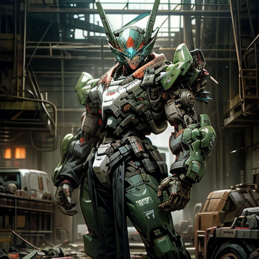 "Create a high-quality image of a young man with brown hair and piercing blue eyes, Wearing cyberpunk-style armor, Blue and green details, Head to waist. He stands at the scene of destruction, Surrounded by destroyed military vehicles, Futuristic military base in the background. Enhanced details to embody the aesthetics of popular game characters, The vigor of Overwatch and the mayhem of Cyberpunk々Fusion of beauty: 2077."